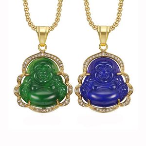 Maitreya hängen halsband Hip Hop Titanium Steel Gold-Plated Green Blue Agate Chalcedon Harts Glaze Buddha Pendant Mens Women Necklace