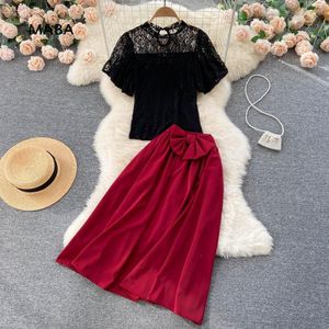 Vestidos de trabalho saia de moda de pista de duas peças set women sumer hollow out shirt shirt top law big swing maxi elegante festival de festival de festival