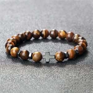 Strand 8mm Natural Stone Bracelet For Men Women Classic Hematite Cross Pendant Prayer Meditation Yoga Wooden Beads Bangles Jewelry Gift