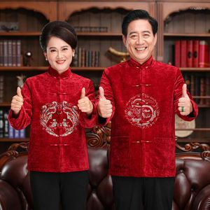 エスニック服の赤い中年中国のタングスーツ刺繍コスチュームカップル服結婚式の男性女性チョンサムトップ3xl 4xl 5xl