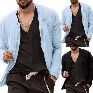 T-shirt da uomo Camicia da uomo in cotone e lino tinta unita quotidiana con risvolto ampio a maniche lunghe per il tempo libero traspirante All Top con bottoni X colletto grande