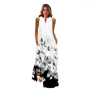Sukienki swobodne wiosna letnia biała sukienka 2023 Vintage Slevele Bezkobieta Butterfly Printed Beach Maxi Dame's Vestidos