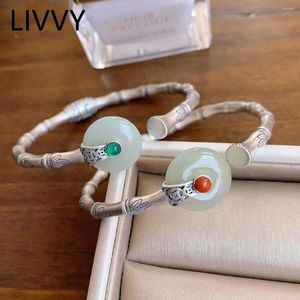 Браслет Livvy Silver Color Уникальный дизайн круглый бамбук натуральный камень для женщин