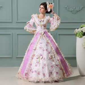 Sukienki swobodne XVIII -wieczne królewskie różowe i fioletowe rococo barokowe maskaradę kwadratowy kołnierz łuk koronkowy europejski gabin