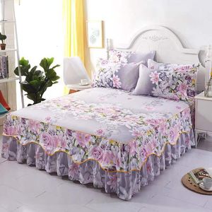 Mattress Pad 3Pcs Bed Sheet Cotton Pillowcase Lace Skirts Bedding Set Bedspread Elastic Fitted Mattress Cover Bedsheet Couple Quilt Single 230308