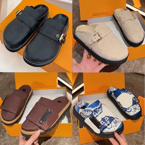 2023 Men Easy Slides Cosy Comfort Mules Womens Luxury Leather Flat Slippers Platform Sandals Fashion Summer Flowers Shoes 35-45 With Box NO436