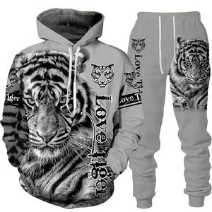 Herrspåriga djur 3D Tiger Printed Hoodie Pants Suit Cool Men/Women 2 PCS Sportwear Tracksuit Set Autumn and Winter Men's Clothing 230309