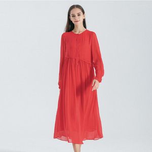 Vestidos casuais Verdadeiro Vermelho de dupla camada georgi Mulberry seda redonda de manga comprida Half lapeel LOW Edition Dress Autumn AE1753