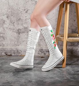 Große Größe 34-43 Damenmode High-Top-Reißverschluss Sticken flache Stiefel Langläufige lässige flache Canvas-Stiefel Hohe Punk-Schuhe