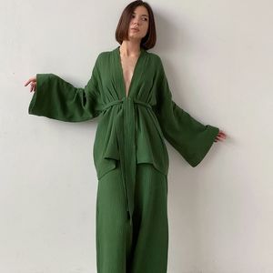 Women's Sleepwear 100% Cotton Women's Nightgown Robe Pajama Sets Flare Solid Trouser Suits Drop Sleeves Set Woman 2 Pieces Bathrobe For Autumn 230309