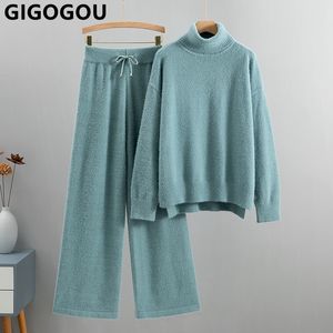 Women's Two Piece Pants GIGOGOU Imitation Mink Cashmere Two Pcs Women Sweater Set Loose Knitted Jumper Pant Tracksuit Fashion Warm Lady Suit 230309