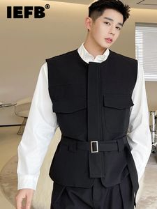 Mäns västar IEFB bär koreanska trendiga bälte väst man 2023 Autumn Round Collar Sinel Breasted ärmlösa kläder med bälte 9A0977 230309