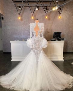 Abiti da sposa a sirena di lusso Maniche lunghe Scollo a V Treno in pizzo 3D Perline Paillettes Appliques Perle Diamanti Plus Size Abiti da sposa Plus Size Vestido de novia Custom