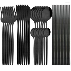 Dinnerware Sets Black 30Pcs Western Knife Fork Spoons Chopsticks Cutlery Set High Quality Stainless Steel Kitchen Tableware