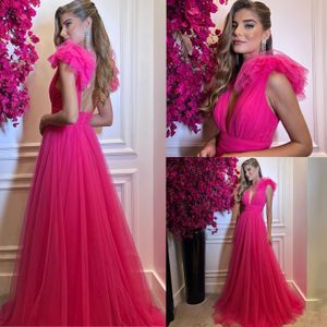 Hot Pink Orange Ruffles Tulle Evening Party Dresses V Neck Tiered Plus Size Prom Dresses 2023 A Line Special Endast klänningar