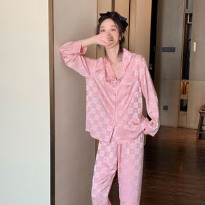 Moda -sono feminina Crlaydk Spring Pijama de manga longa feminina Conjunto de cetim Songele