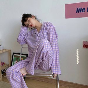 女性用スリープウェアQWeek Plaid女性パジャマ韓国の紫色の女の子パジャマセット