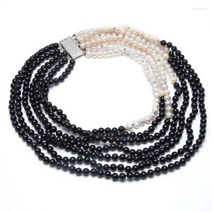 Ketten Halskette mit weißen Perlen und schwarzem Onyx, 7 Reihen, 45,7 cm, mehrere Stränge