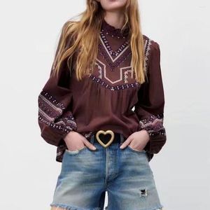 Women's Blouses AYUALIN Boho Vintage Ethnic Embroidery Blouse Women Casual Cotton Linen Ruffled Collar Shirts Spring Holiday Tops Mujer