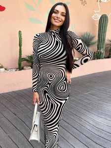 Casual Dresses Elegant Long Sleeve Mesh Printed Bodycon Maxi Dress Women Sexig Party Club Evening Tight 2023 Spring Female Clothes