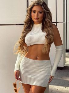 Work Dresses Sexy White Knitted Crop Tops Mini Skirts 2 Piece Sets For Women 2023 Y2K Clothes Fashion Club Party Co-ord Streetwear