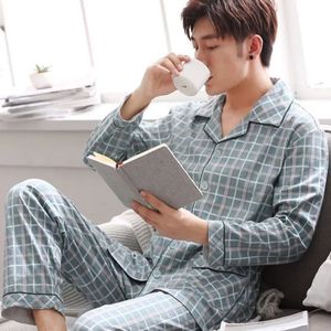 Mäns sömnkläder 100% bomullspijama för män 2 stycken Lounge Sleepwear Pyjamas Plaid Spring Bedgown Home Clothes Man PJS Pure Cotton Pyjamas Set 230310