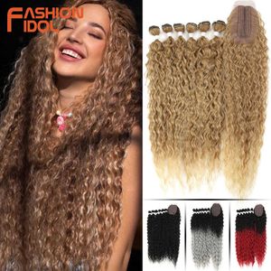 Wigs sintéticos Moda Idol Afro Pacotes de cabelo cacheados com fechamento ombre loira 30 polegada Long Teave sintético Soft 230227