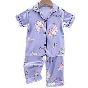 Pyjamas 1-10 år barns pyjamas Set Baby Suit Kids kläder Toddler Girls LCE Silk Cartoon Unicorn Prints Tops Pants Nightgown Girl 230310