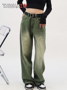 Women's Jeans Tawaaiw American Retro Baggy Jeans Women Bottom Green Loose Straight Boyfriend Jeans For Women Unisex Denim Pants Y2k Feminino 230310