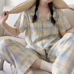 Women's Sleepwear Korean Style Women's Pajamas Set Plaid Printed Casual Cute 2 Pieces Suit Home Clothes Sleepwear Pyjamas Student Lounge Wear Pjs 230310
