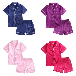 Pyjamas Four Seasons Kids Summer Pyjamas Fashion Solid Color Children Kläder Pyjama Set Satin Pyjamas Pants Babykläder 1-13 år 230310