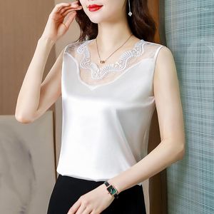 Women's Blouses 2023 Summer Satin Tops For Woman Elegant Loose White Silk Blouse Casual Sleeveless Lace Shirt Solid V-neck Female Clothes