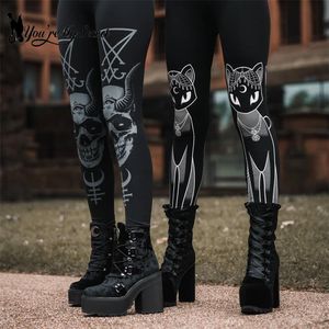 Kadınlar Tozluklar Siz Gizli 2023 Kadınlar İçin Gotik Ouija Egzersiz Pantolon Koyu Grunge Kara Kedi Kafatası Leggins Şeytan Şeytan Legins 230309