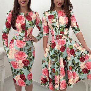 Sıradan Elbiseler Kadın Midi Giysileri Bohemia Oansatz Uzun -kol fermuarlı çiçek desen etnik yaz plajı kadın salıncakları şık elbise1