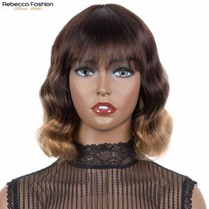 Synthetic Wigs Rebecca Short Body Wave Hair Cute Bod Wig Peruvian Remy Human s for Women Full Mechanism Bangs Natural 230227