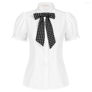 Kvinnors blusar bp kvinnors skjorta bow-knot dekorerade skjortor puffade kort ärmblus för kvinnor knäppt toppar svarta vita uniformer