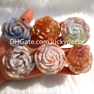 Natural Cherry Blossom Agate Flower Carving Wedding Decor Chakra Balancing Meditation Sakura Quartz Crystal Floral Chalcedony Gemstone Palm Pocket Stone 50-60mm