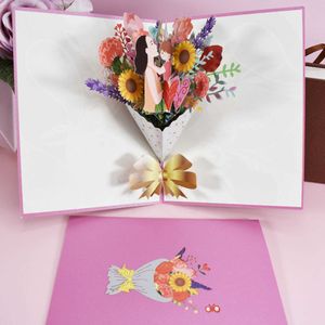 Gift Cards Mothers Day Greeting Card 3D Paper Bouquet Popup Cut Folded Card with Small Card for Birthday Holiday Thanksgiving Gifts Z0310