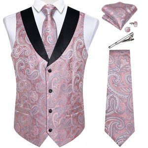 Erkek yelek pembe paisly elbise yelek seti 5 adet smokin yelek ve kravat cep kare kol düğünleri düğün için kravat klipsleri blazer yelek 230310