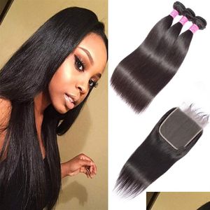 Human Hair Wefts With Closure Indian Virgin Extensions 3 Bundles 6X6 Lace Baby Straight 1030Inch2796 Drop Delivery Products Dh4Au