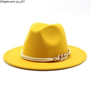 Brättehattar Breda Kvinnor Män Ull Filt Jazz Fedora Panama Style Cowboy Trilby Fest Formell Klänning Hatt Stor Storlek Gul Vit 58-60CM a1