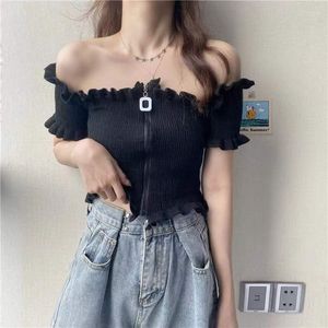 Женские футболки Ruffles Ruffles Croppde Tops Женщины повседневная черная стройная футболка на молнию