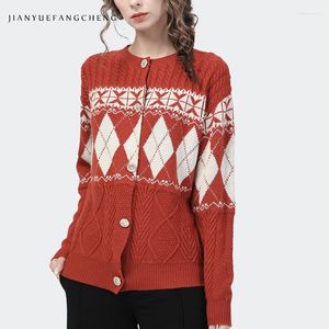 Damen-Strickmode, orangefarbener karierter Strickpullover für Damen, langärmelig, Rundhalsausschnitt, lockere Übergröße, einreihige Strickjackenoberteile