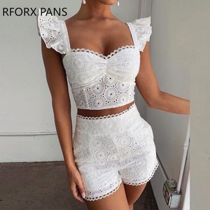 Women's Two Piece Pants Lace Ruffles Hollow Out Top Short Sets 230310