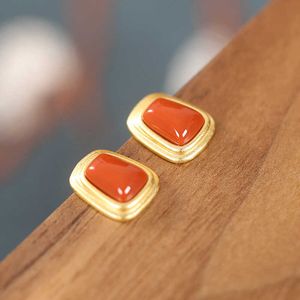 Öronningar glad S925 Sterling Silver Gold-Plated South Red Agate Layer Geometric Earrings Fashion Chinese Style Simple Women's