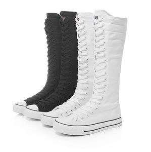 High Top Women's Canvas Shoes Knee High Boots Sidan dragkedja lägenheter Vulkaniserade skor LACE-UP Bekväm plattform Sneakers Kvinna