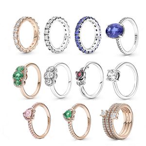 New Popular 925 Sterling Silver Pandora Rose Gold Christmas Ring Green Blue Jewel Ring Suitable for Women's Jewelry Fashion Accessories Production