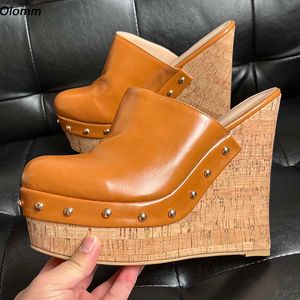 Sukeia Real Photos Women Platform Slingback Pumps Studded Wedges Heels Round Toe Beautiful Brown Prom Shoes US Plus Size 5-20