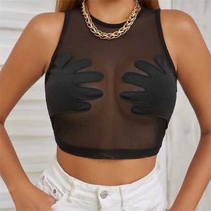 2023 sommer Neue Damen Weste Tank Top T-shirt Rundhals Ärmellose Perspektive Mesh Spleißen Palm Kreative Westen Tees Crop Tops weibliche Kleidung