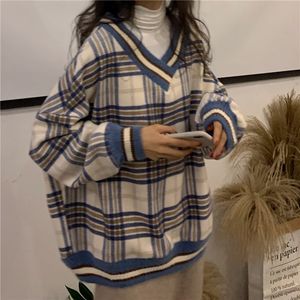 Женские толстовки с капюшоном Негабаритные толстовки с капюшоном и клетчатым принтом Пуловеры с v-образным вырезом и длинными рукавами Женская свободная корейская модная одежда Harajuku 230310